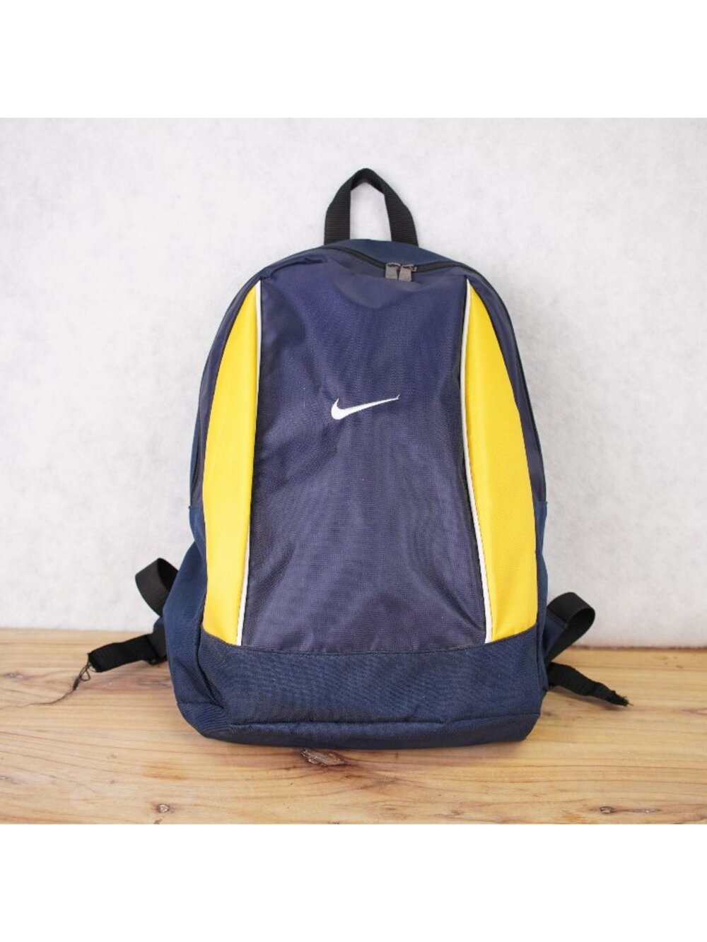Vintage Nike Navy & Yellow Backpack With Dual Zippers And Adjustable Straps Y2K